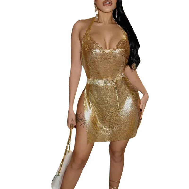 Hirigin Backless Glitter Bodycon Dress Women Sleeveless Clubwear