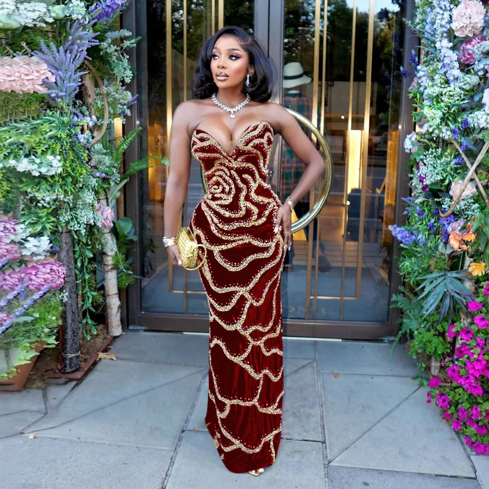 XTOCEAN Floral Sequined Strapless Maxi Dress For Women