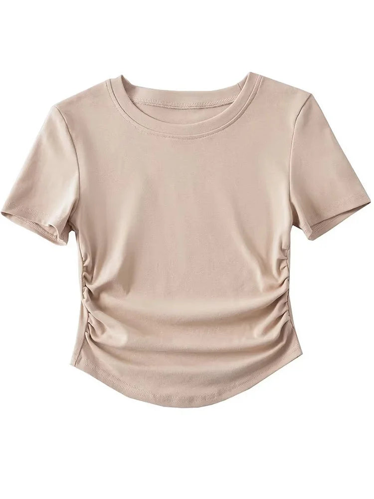 Harajuku Women Ruched Sides Detail Cotton Tee Crew Neck