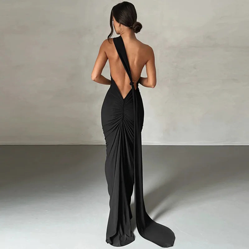 Elegant Women's Backless Ruched Bodycon Maxi Dress For Evening Party