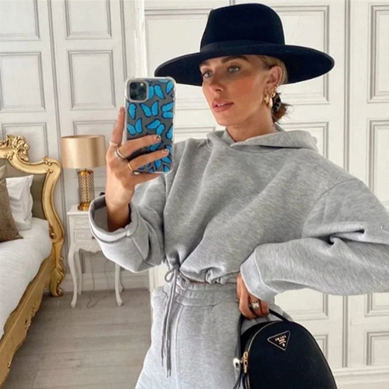 OLOMLBCN Soft Women Two Piece Sweats Set Hooded Drawstring