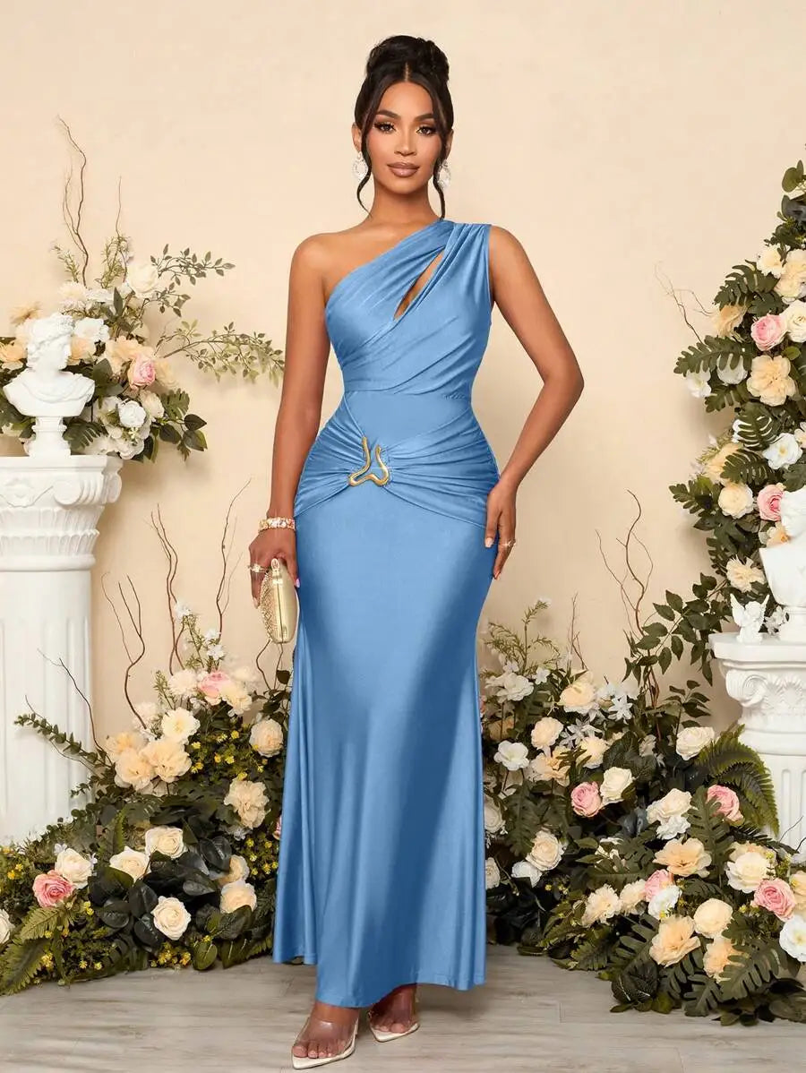 Womens Hollow Asymmetric Neck Metal Decorated Bodycon Maxi Dress