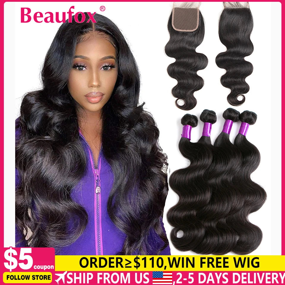 Beaufox Body Wave Bundles With Closure Brazilian Remy Hair