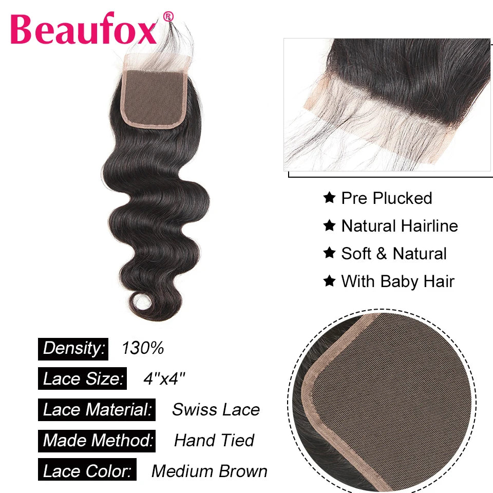 Beaufox Body Wave Bundles With Closure Brazilian Remy Hair