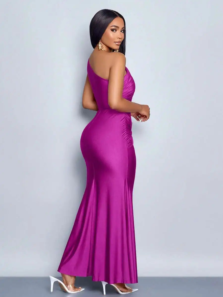 Womens Hollow Asymmetric Neck Metal Decorated Bodycon Maxi Dress