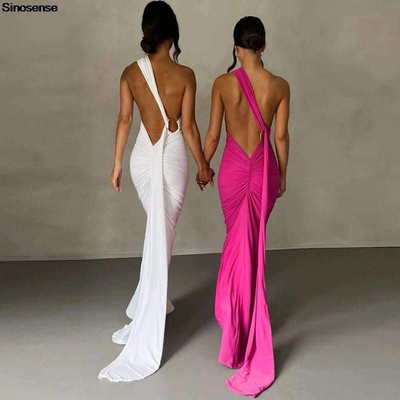 Elegant Women's Backless Ruched Bodycon Maxi Dress For Evening Party