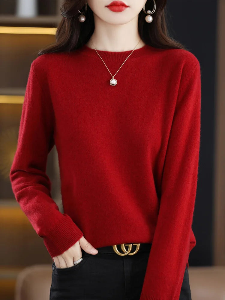 Merino Wool Women's O-Neck Pullover Sweater Long Sleeve Knitwear Top For All Seasons