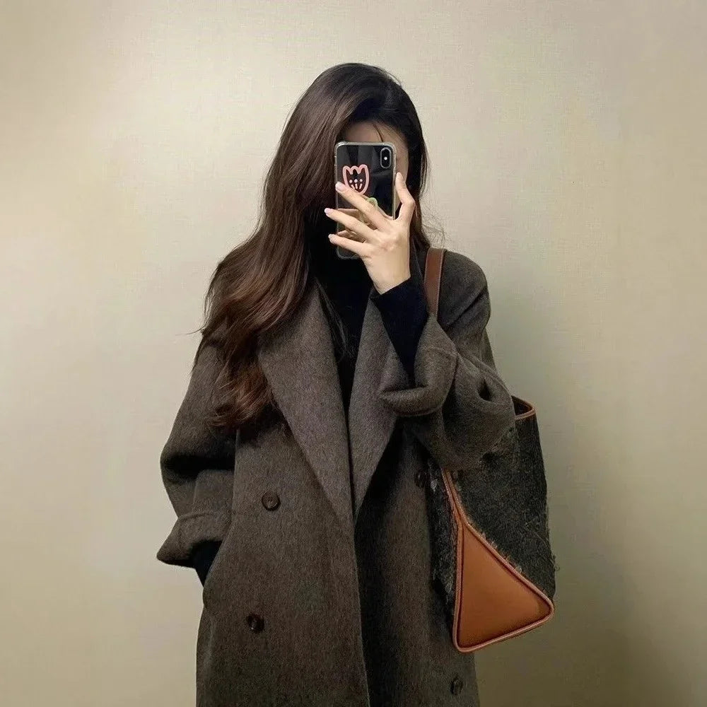 Thickened Over-Knee Woolen Coat Women Korean Style Polyester Outerwear