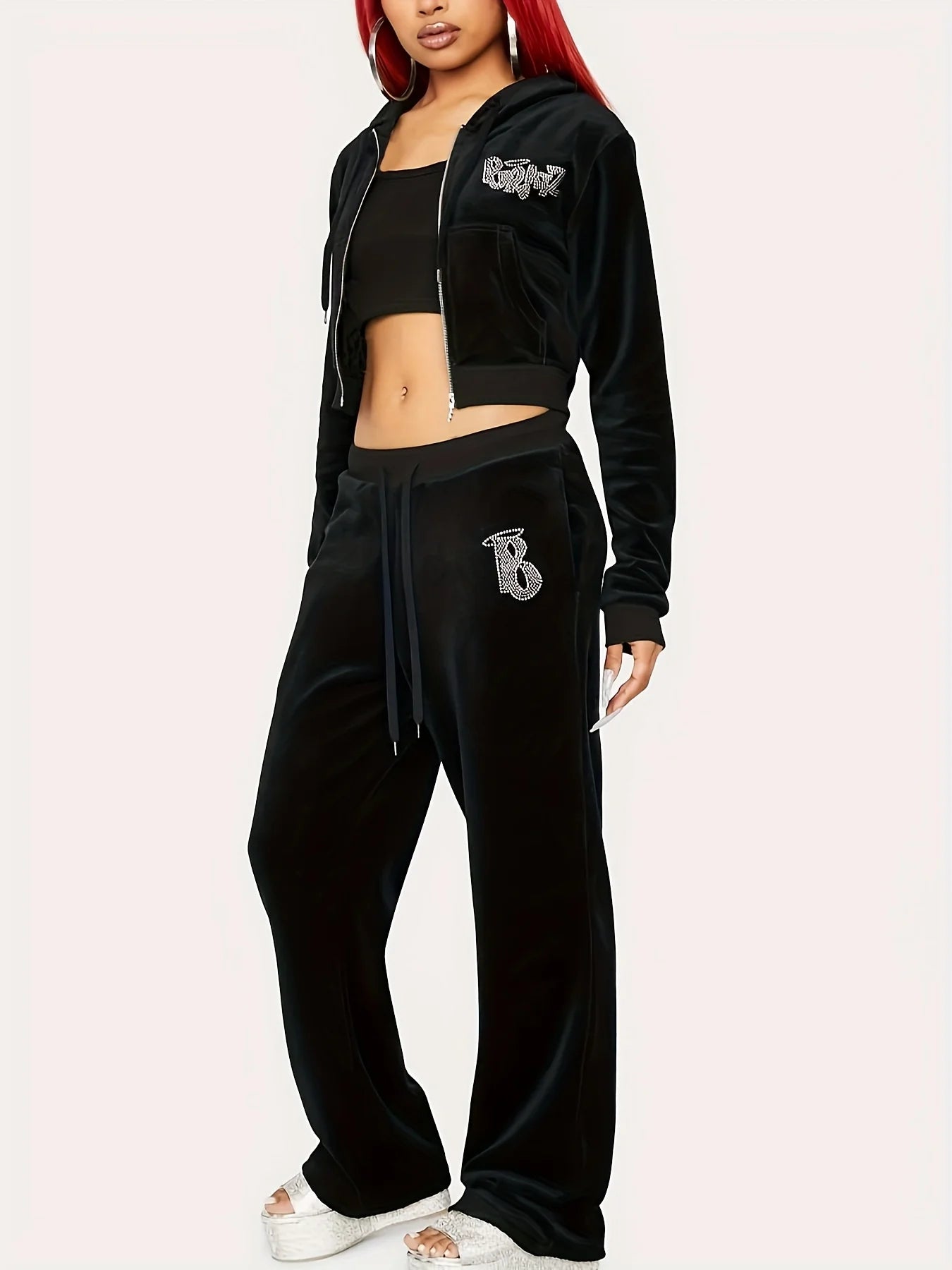 Diamond Encrusted Hooded Top And Trousers Two Piece Set Women