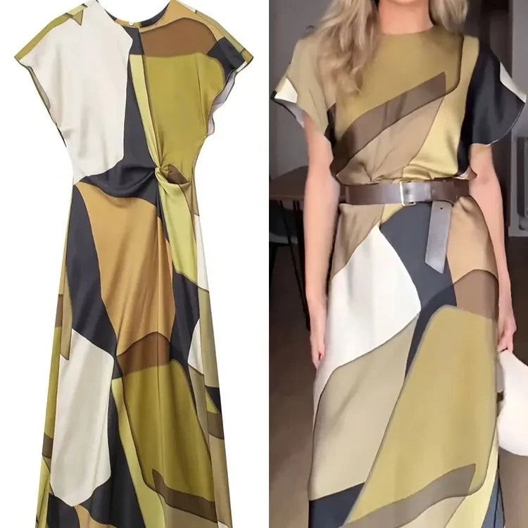 TRAFZACN Women's Long Dress O Neck Pleated Back Hollow