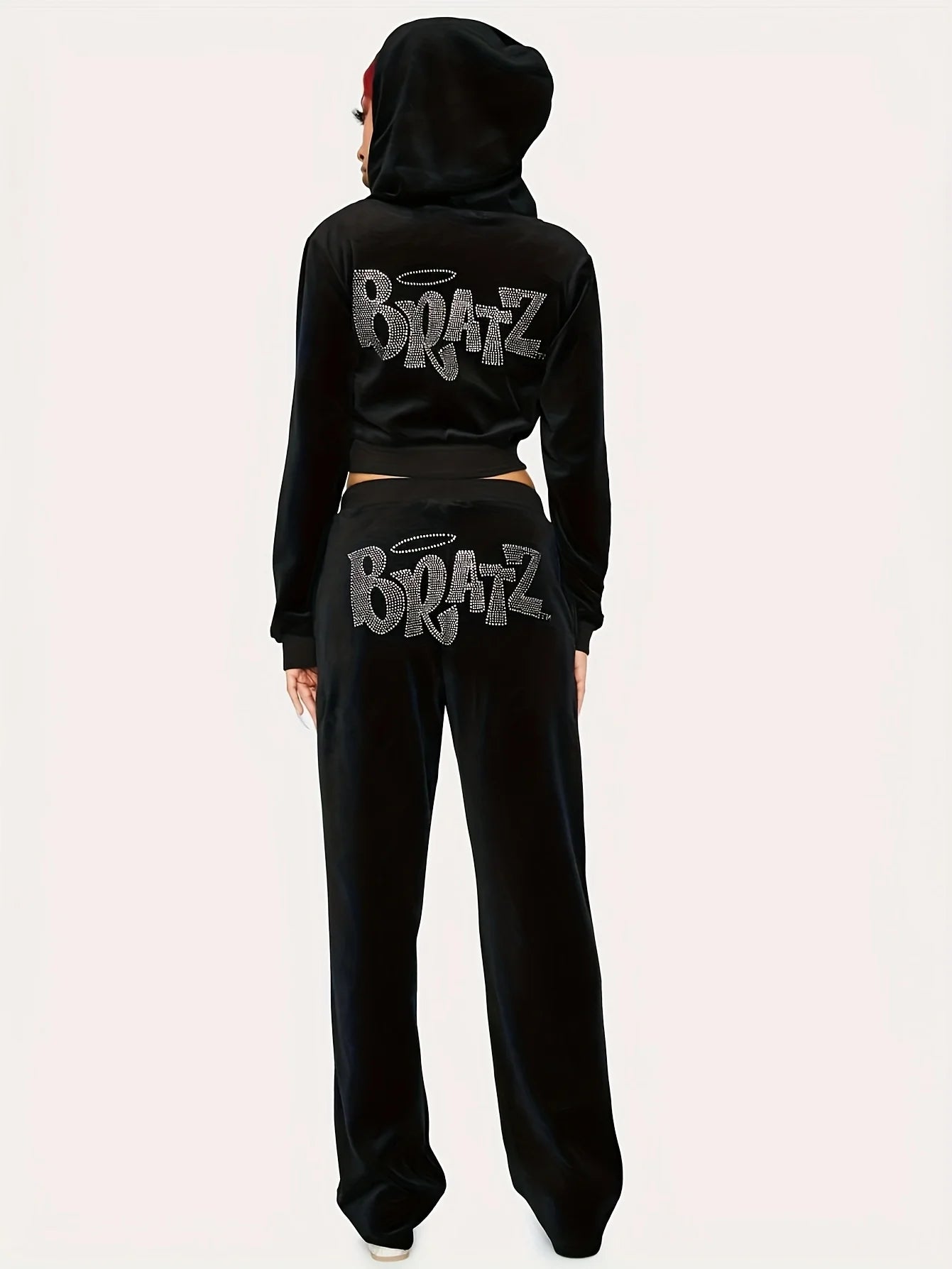 Diamond Encrusted Hooded Top And Trousers Two Piece Set Women