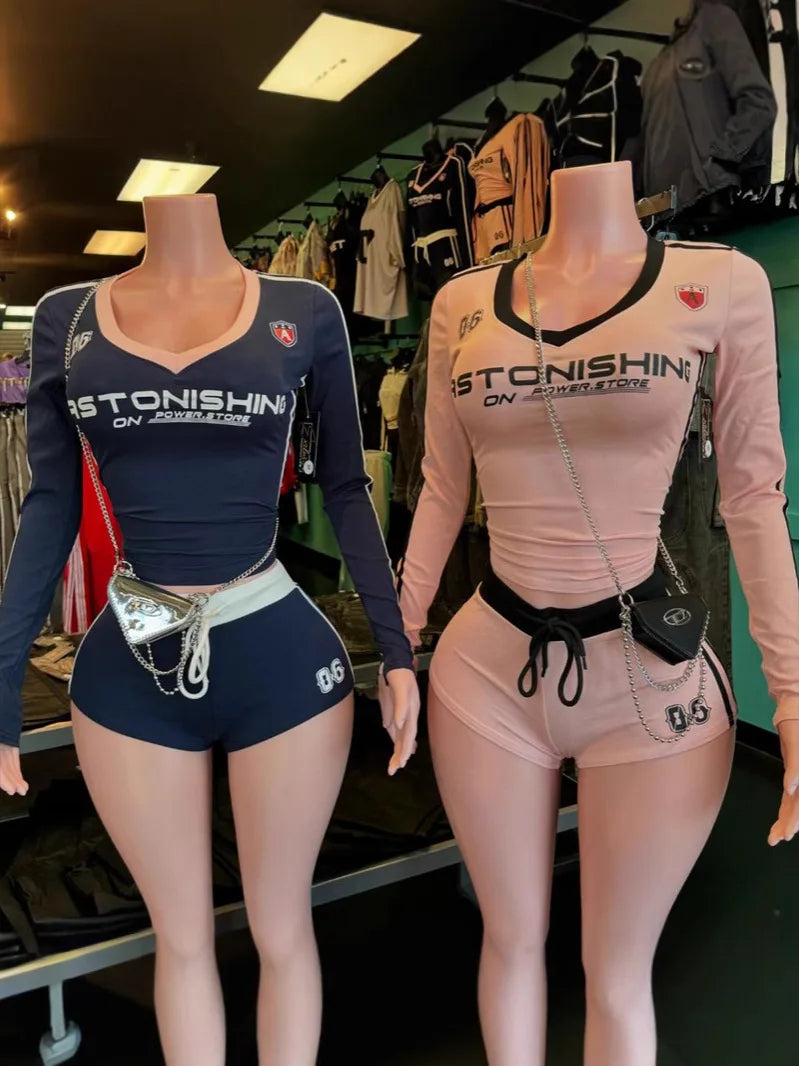 Summer Women 2 Piece Letter Print V Neck Crop Top Set