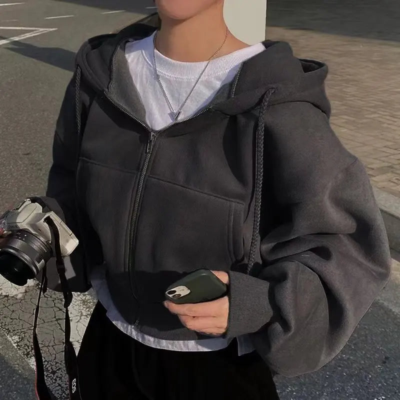 FleeceLined Cropped Hooded Sweatshirt Women Zip Up UltraWarm Insulated Versatile