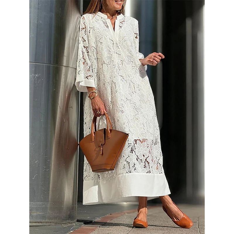 Abrini Embroidery Lace Dress Women V Neck Hollow Out Boho