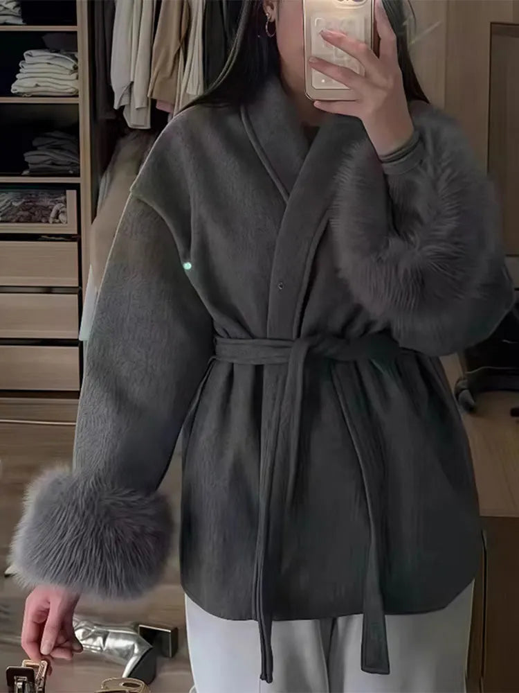 Chin.Sweety Chic Lapel Plush Coat With Belt Tweed Open Front