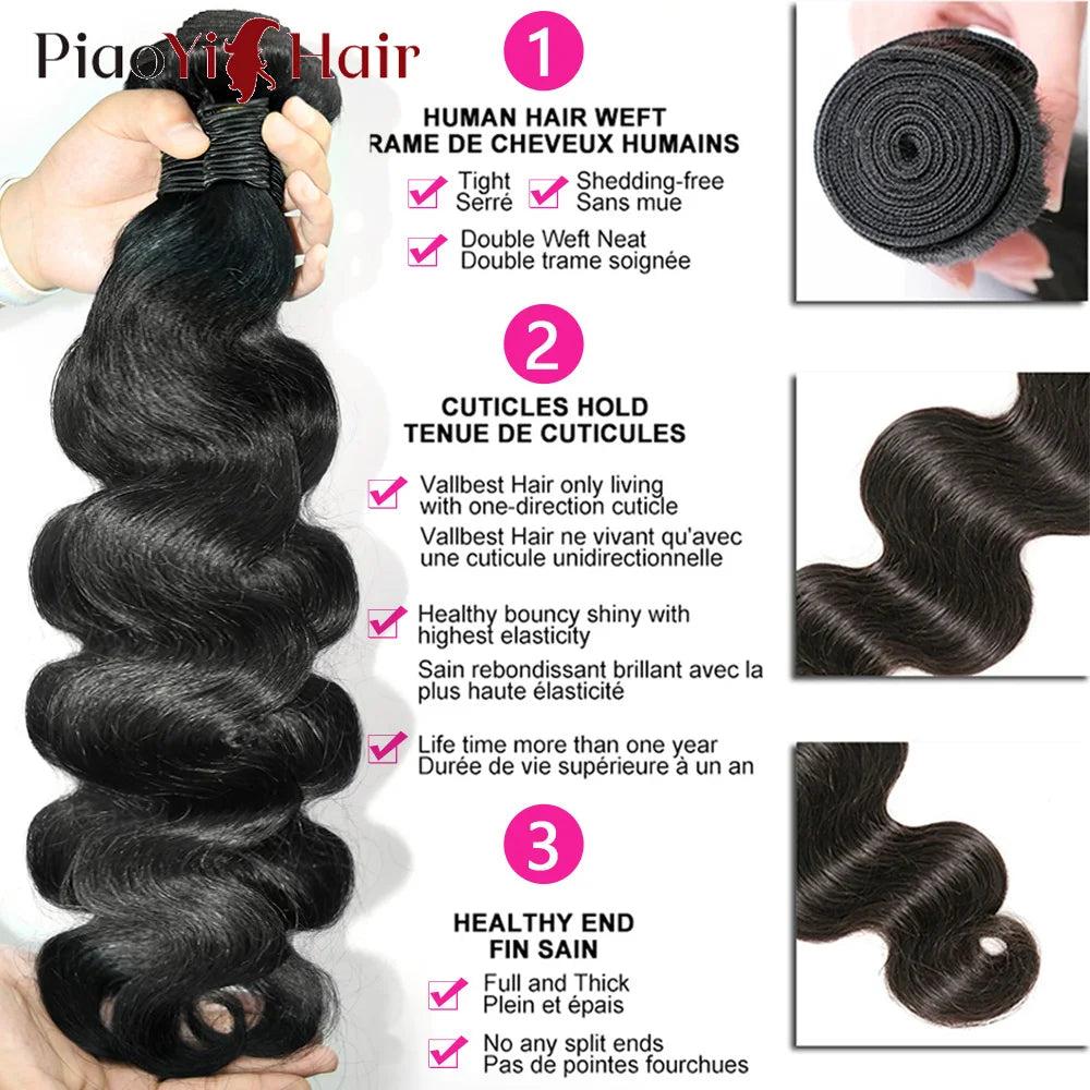 Piaoyi Body Wave 100% Human Hair Bundles With Closure Remy