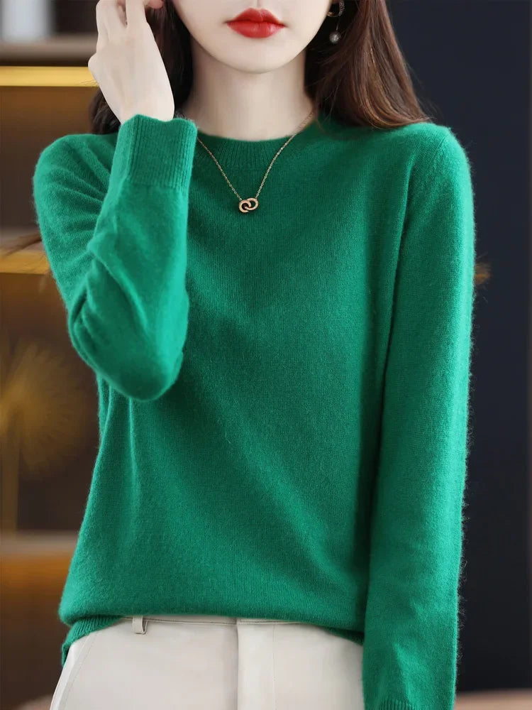 Merino Wool Women's O-Neck Pullover Sweater Long Sleeve Knitwear Top For All Seasons