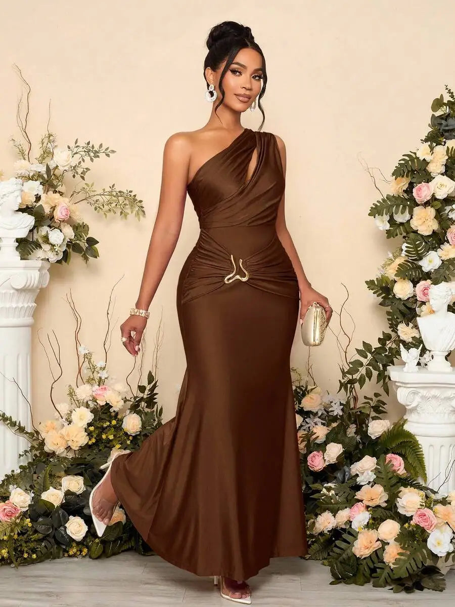 Womens Hollow Asymmetric Neck Metal Decorated Bodycon Maxi Dress