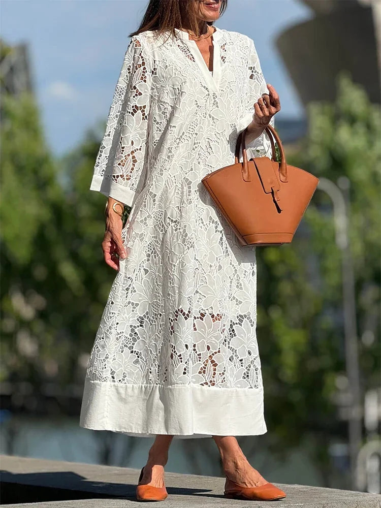 Abrini Embroidery Lace Dress Women V Neck Hollow Out Boho