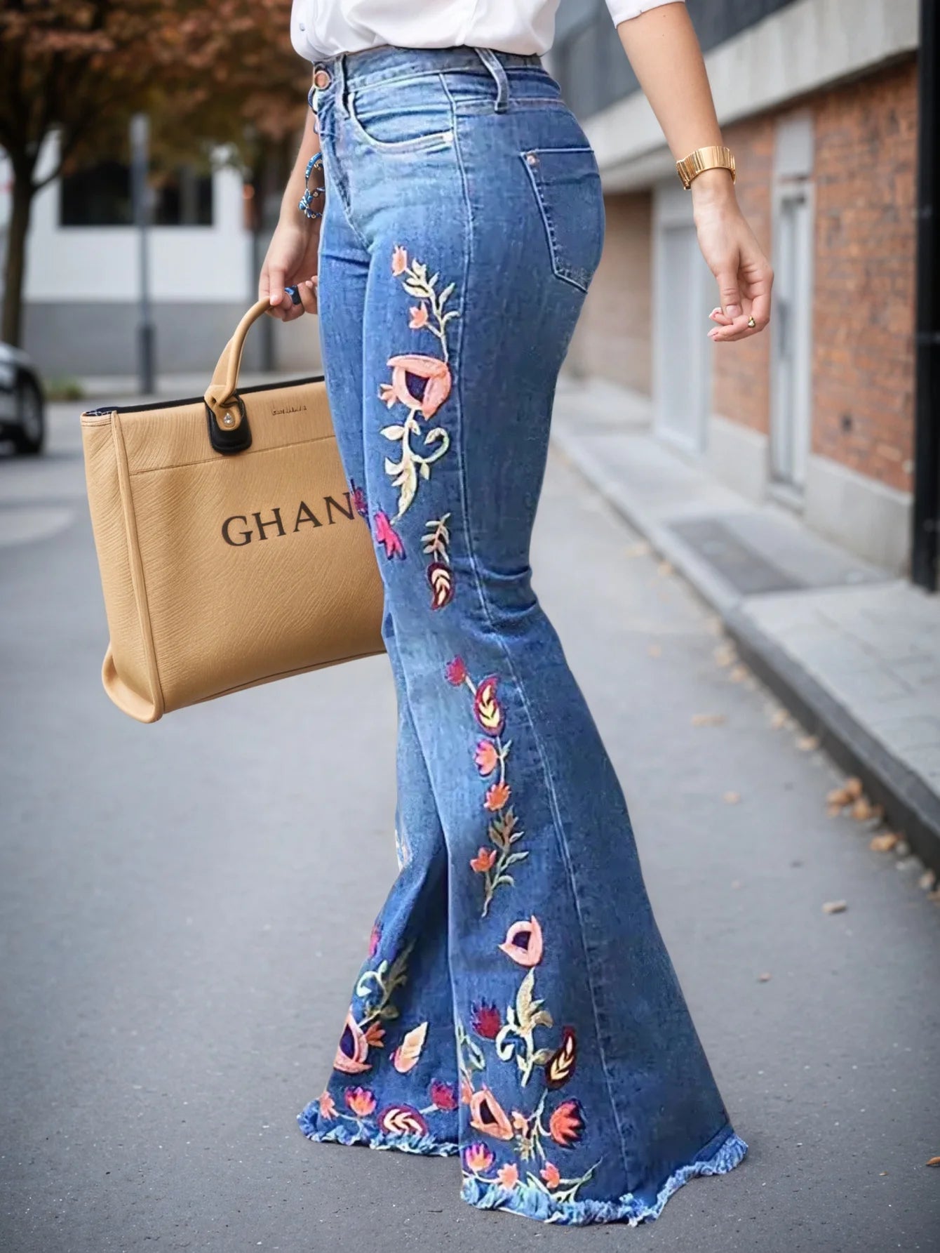 Women's High Waisted Floral Print Slim Fit Denim Jeans