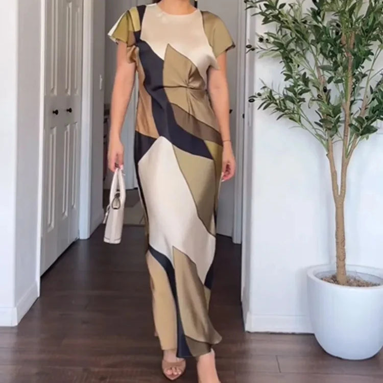 TRAFZACN Women's Long Dress O Neck Pleated Back Hollow