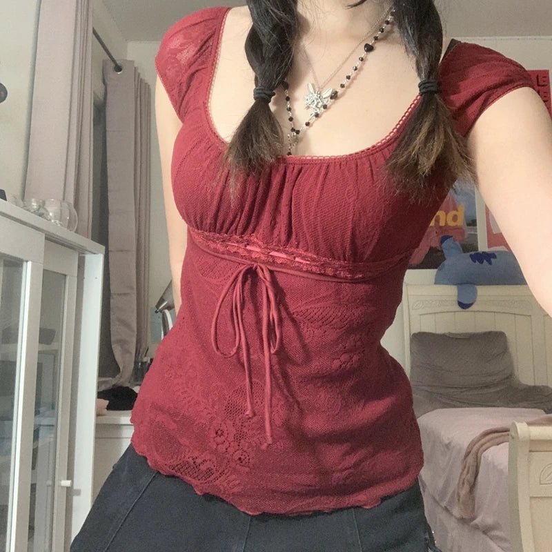 Hirigin Elegant Lady Square Collar T Shirt Bow Crop Top