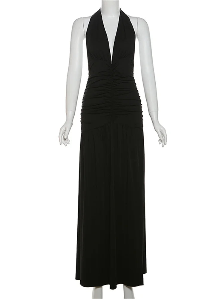 NIBBER Temperament Deep V Neck Patchwork Backless Dress