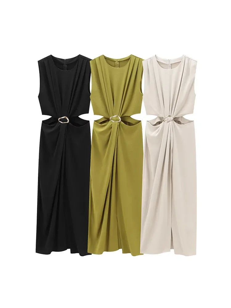 PEAOFBLRDCN Autumn Winter Sleeveless Long Dress Buckle