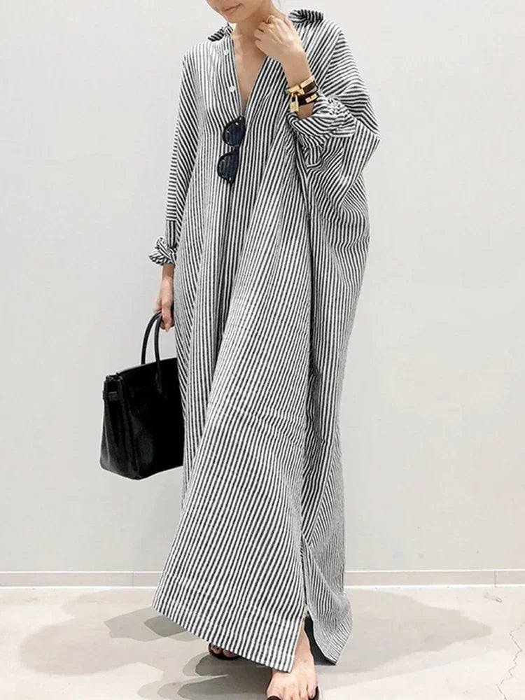 ZANZEACN Stripe Beach Sundress Bohemian Long Sleeve Dress