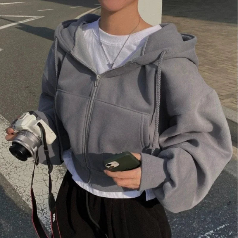 FleeceLined Cropped Hooded Sweatshirt Women Zip Up UltraWarm Insulated Versatile