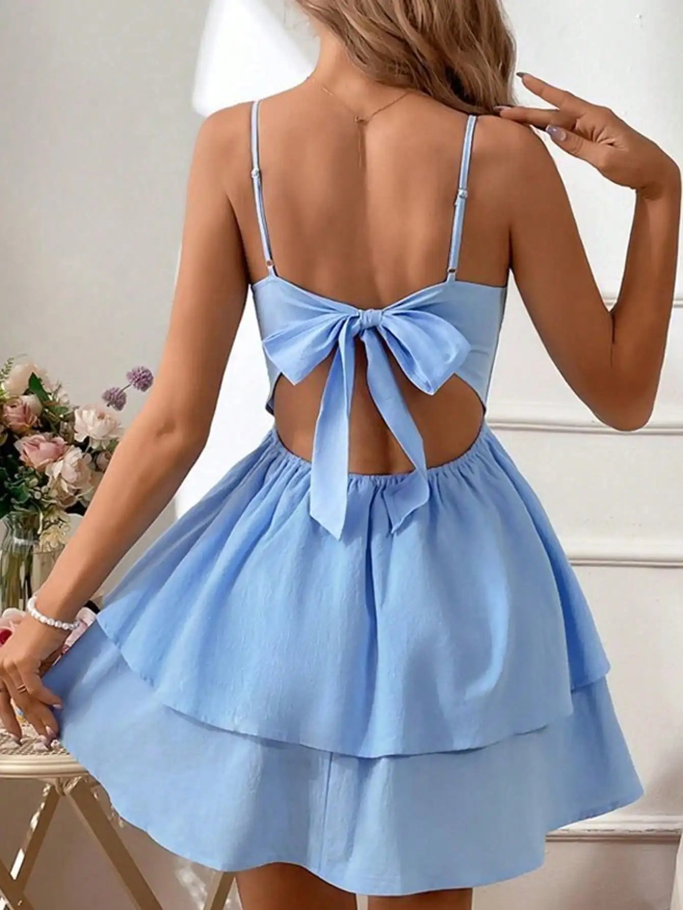 SDNGEDCN Backless Layered Mini Dress With Exquisitely Designed Straps SummertimeWear