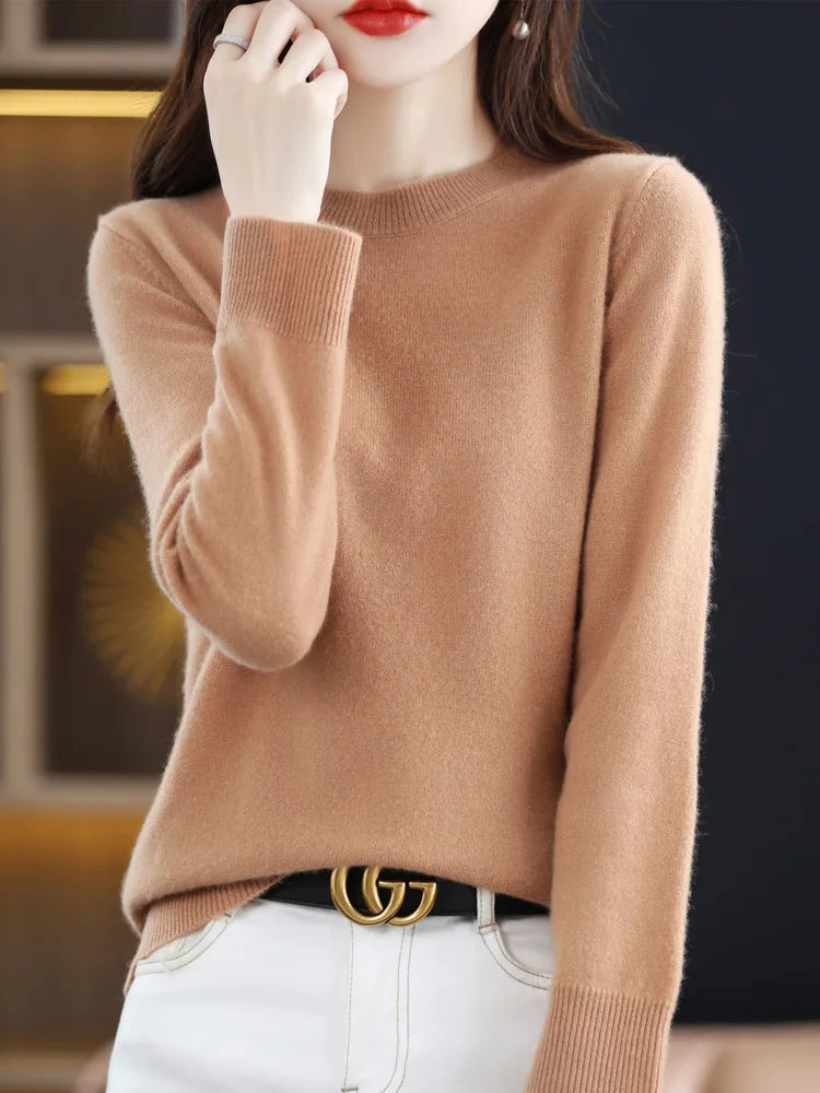 Merino Wool Women's O-Neck Pullover Sweater Long Sleeve Knitwear Top For All Seasons