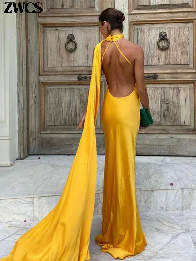 Chin Sweety Satin Ribbons Backless Halter Party Dress