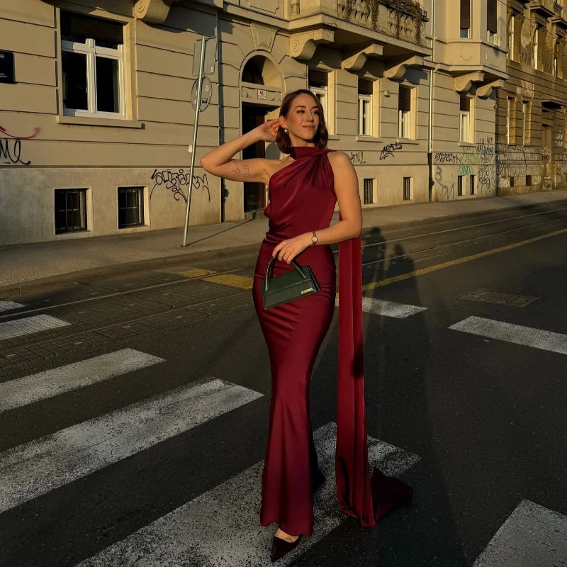 Chin Sweety Satin Ribbons Backless Halter Party Dress