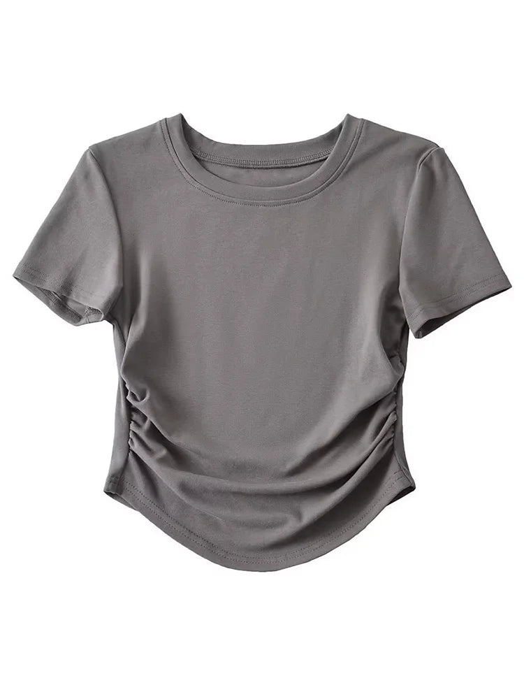 Harajuku Women Ruched Sides Detail Cotton Tee Crew Neck