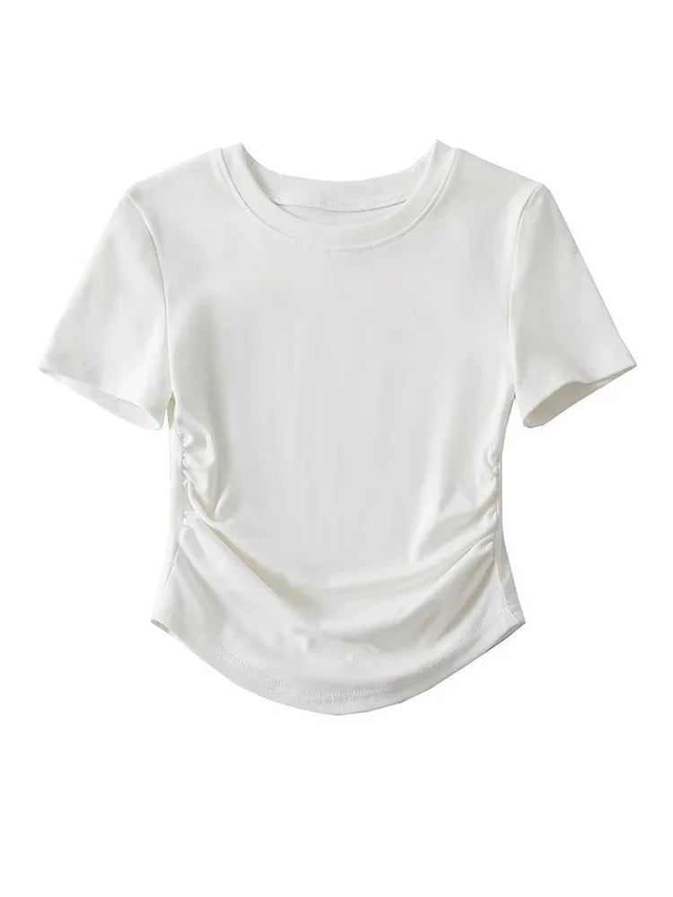 Harajuku Women Ruched Sides Detail Cotton Tee Crew Neck