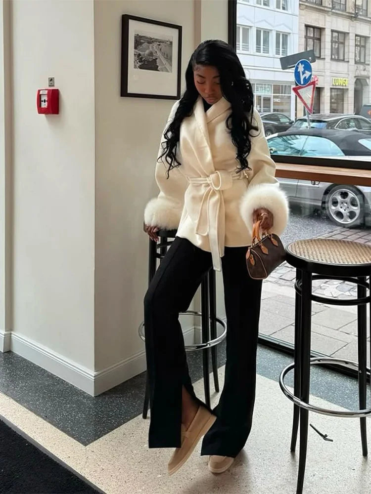 Chin.Sweety Chic Lapel Plush Coat With Belt Tweed Open Front