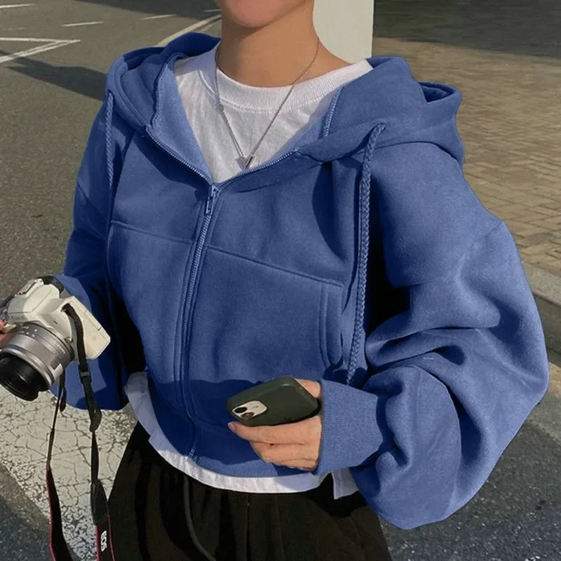 FleeceLined Cropped Hooded Sweatshirt Women Zip Up UltraWarm Insulated Versatile