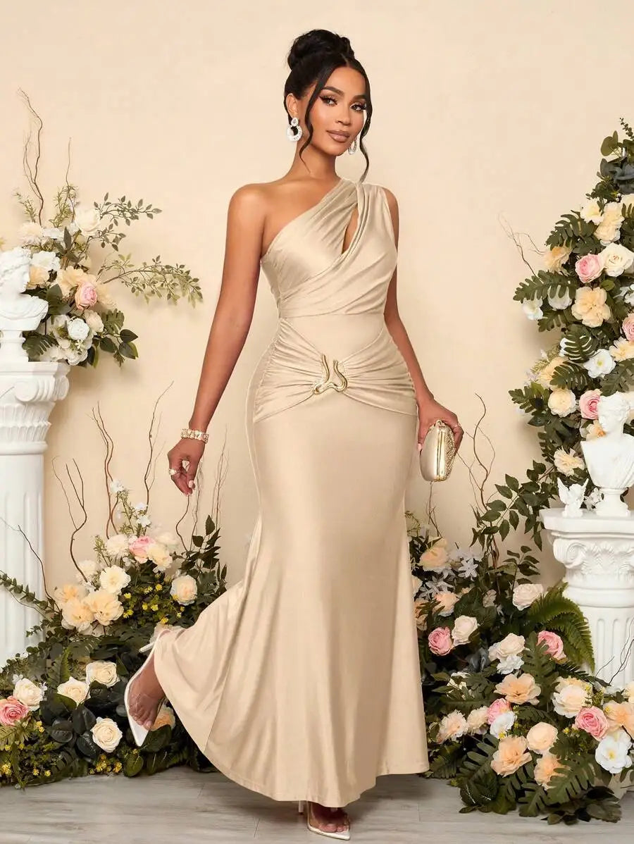 Womens Hollow Asymmetric Neck Metal Decorated Bodycon Maxi Dress