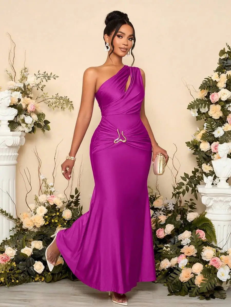 Womens Hollow Asymmetric Neck Metal Decorated Bodycon Maxi Dress