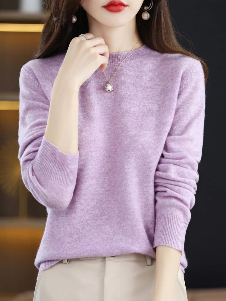 Merino Wool Women's O-Neck Pullover Sweater Long Sleeve Knitwear Top For All Seasons