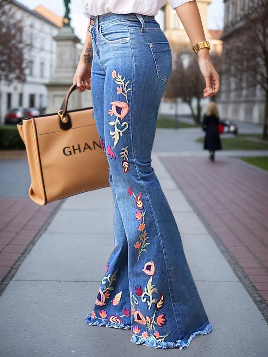 Women's High Waisted Floral Print Slim Fit Denim Jeans