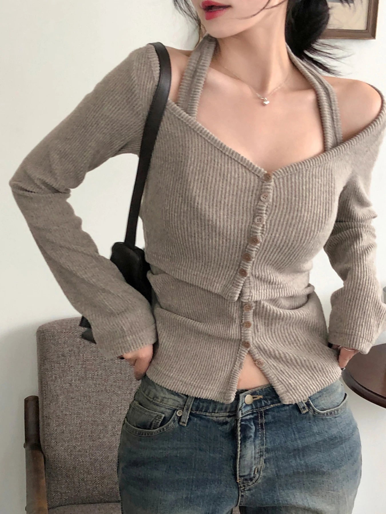 Sweetown Fashion Halter Top And Long Sleeve 2 Piece Set