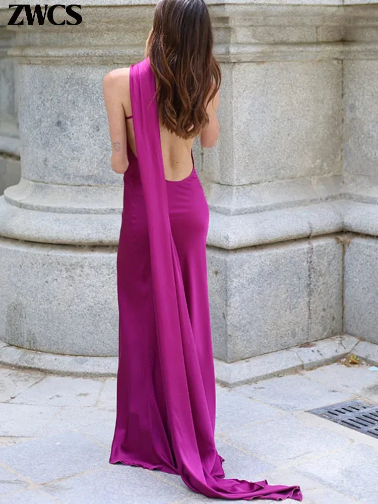 Chin Sweety Satin Ribbons Backless Halter Party Dress