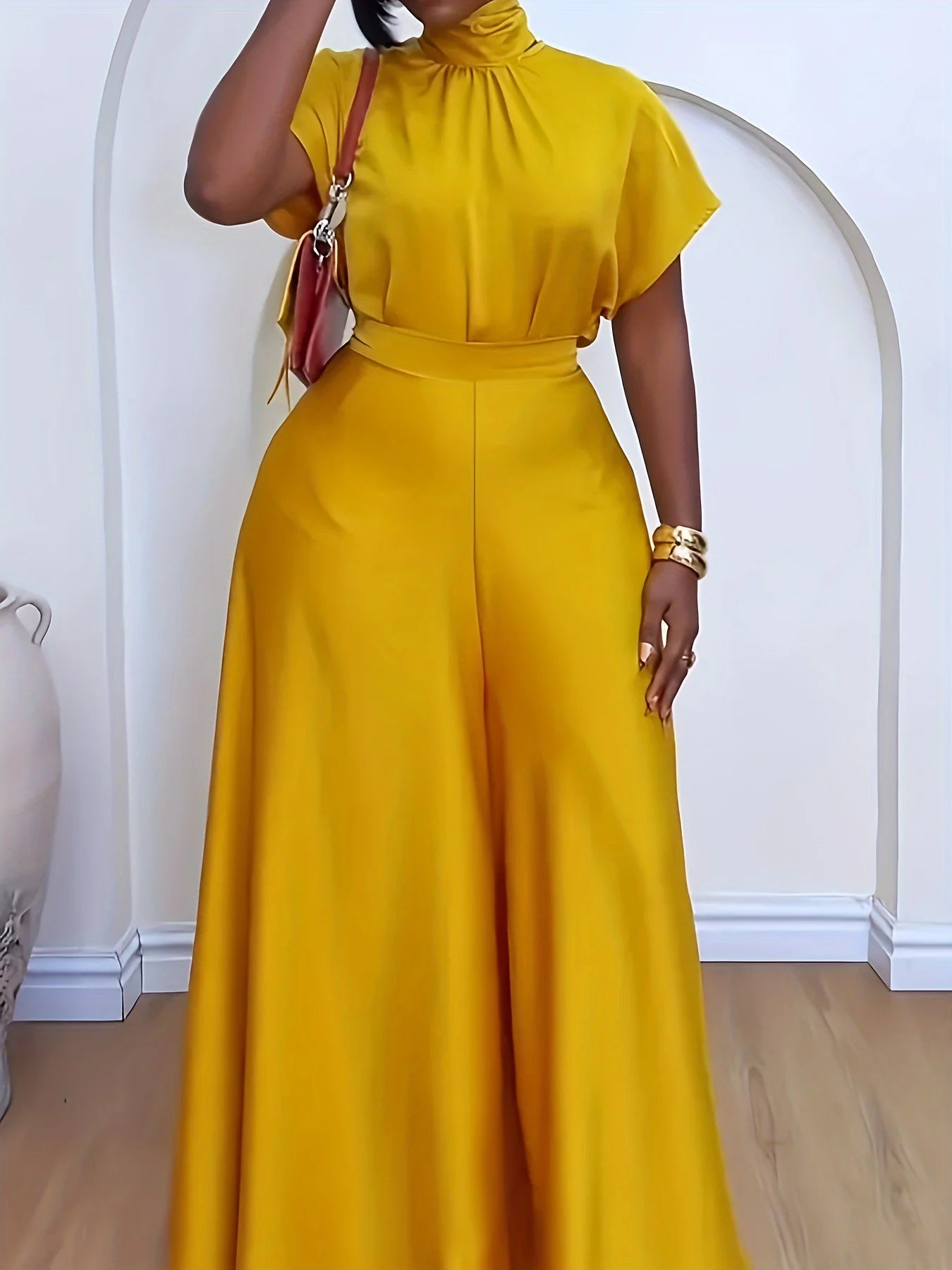 Turtleneck Short-Sleeve Knotted Top With Wide-Leg Pants Two-Piece Suit