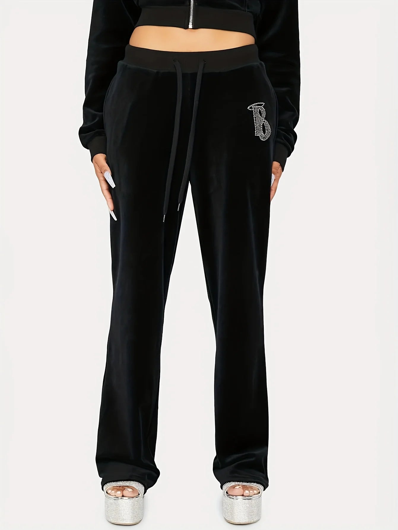 Diamond Encrusted Hooded Top And Trousers Two Piece Set Women
