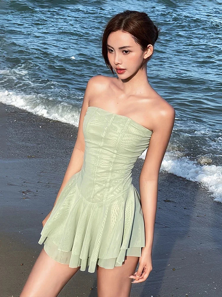 WEIRD PUSSCN Strapless Tiered Dress Women Bodycon Mesh