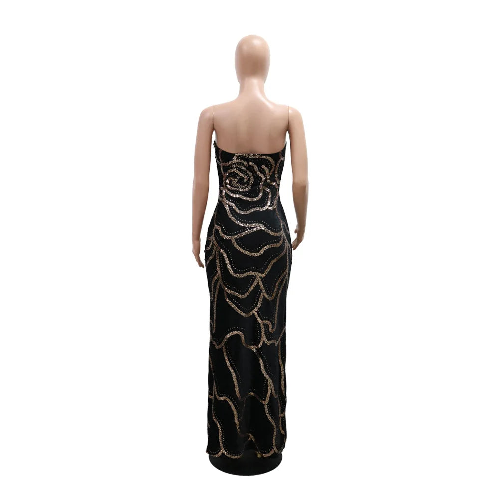 XTOCEAN Floral Sequined Strapless Maxi Dress For Women