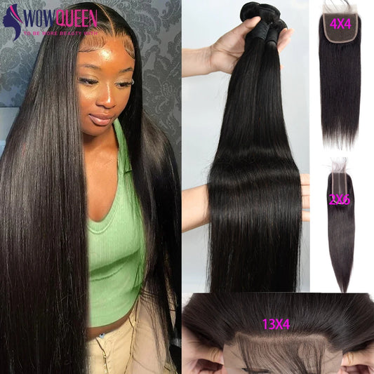 WOWQUEEN Brazilian Remy Straight Hair Bundles With Closure