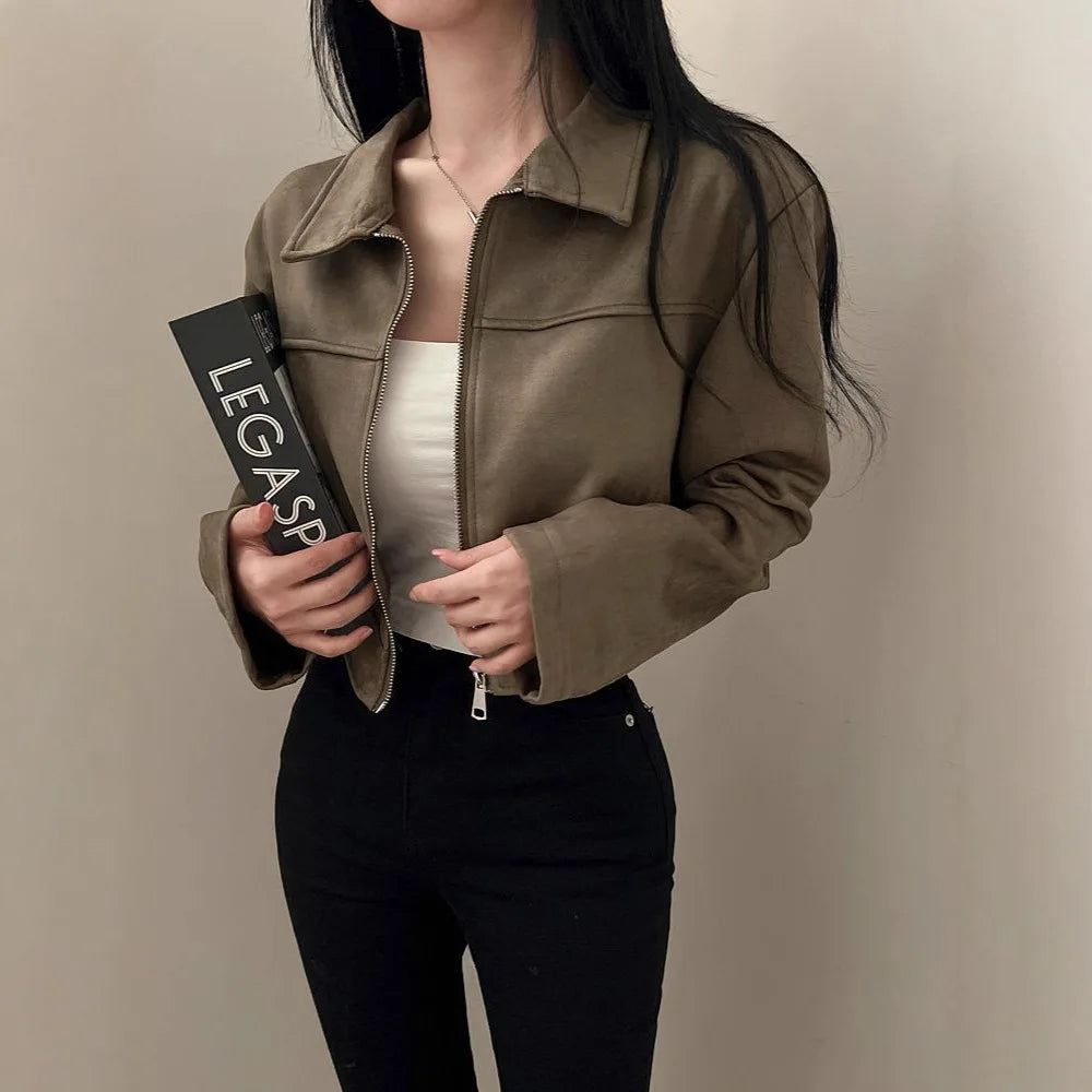 Autumn Lapel Zipper Jacket For Women Short Polyester Casual